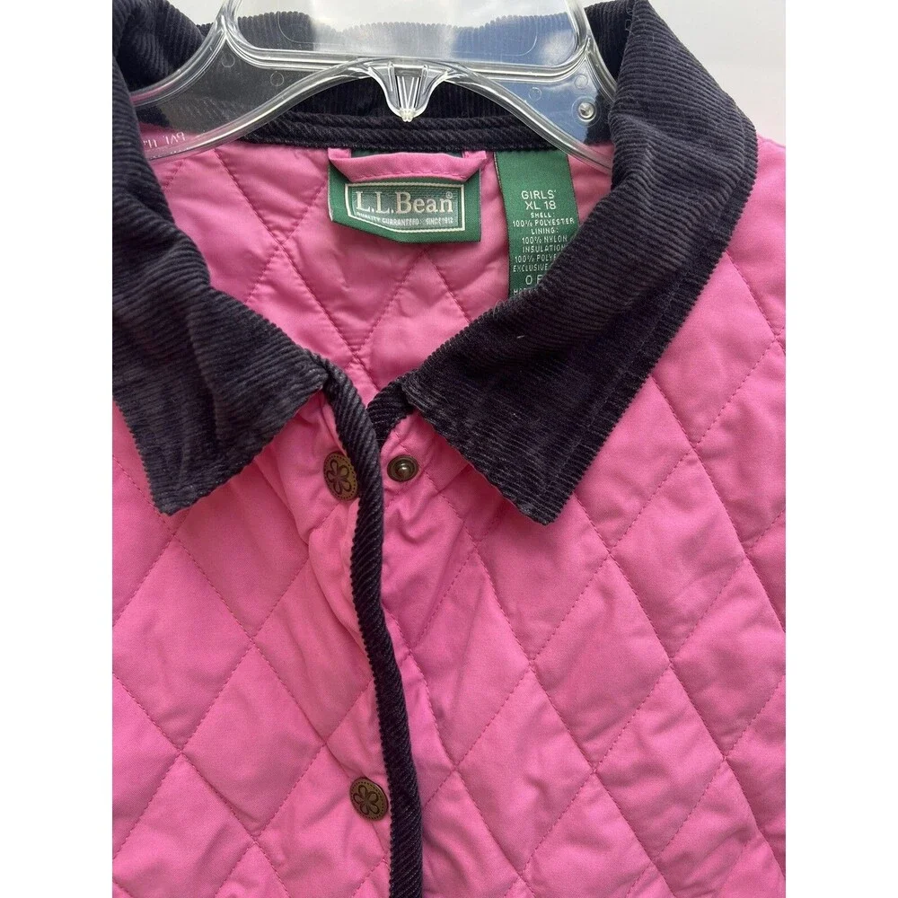 LL Bean Girls XL (18) Quilted Jacket Pink Corduroy Collar Snap Up Thermal